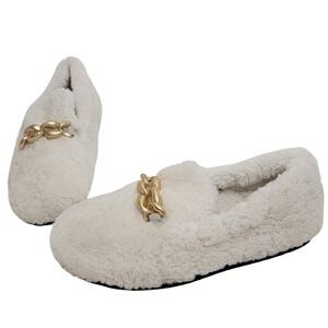 Antenora Italy Designer Cream Shearling Gold Chain Loafers Shoes EU 40 US 9